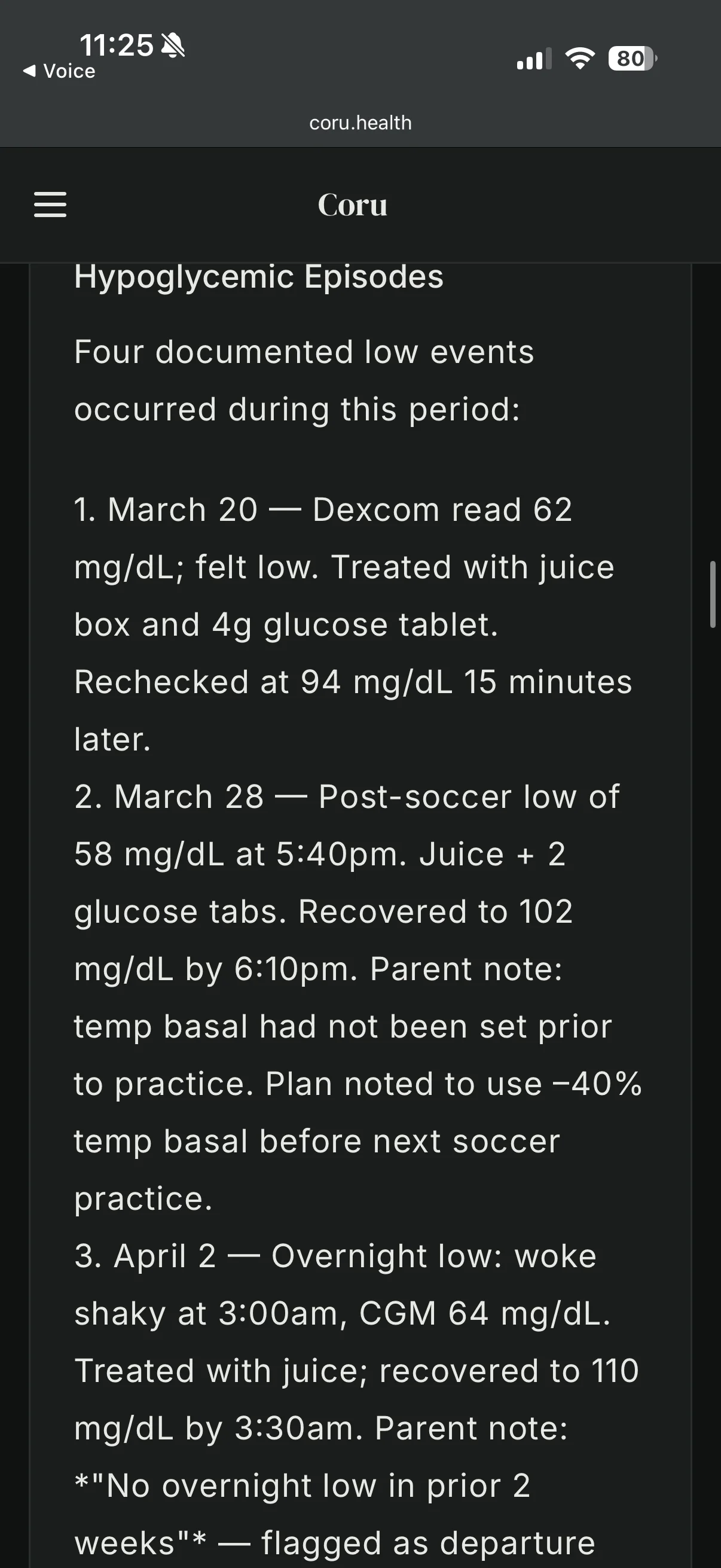 Physician summary — hypoglycemic episodes section