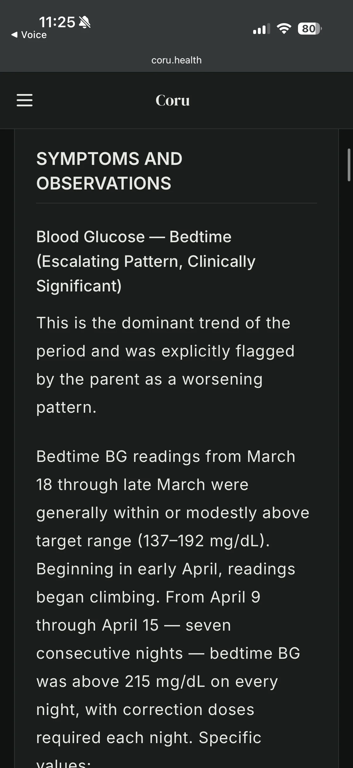 Generated physician summary — symptoms and observations section
