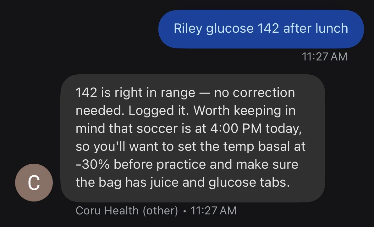SMS thread logging a child’s symptom in the morning and confirming back at the doctor visit