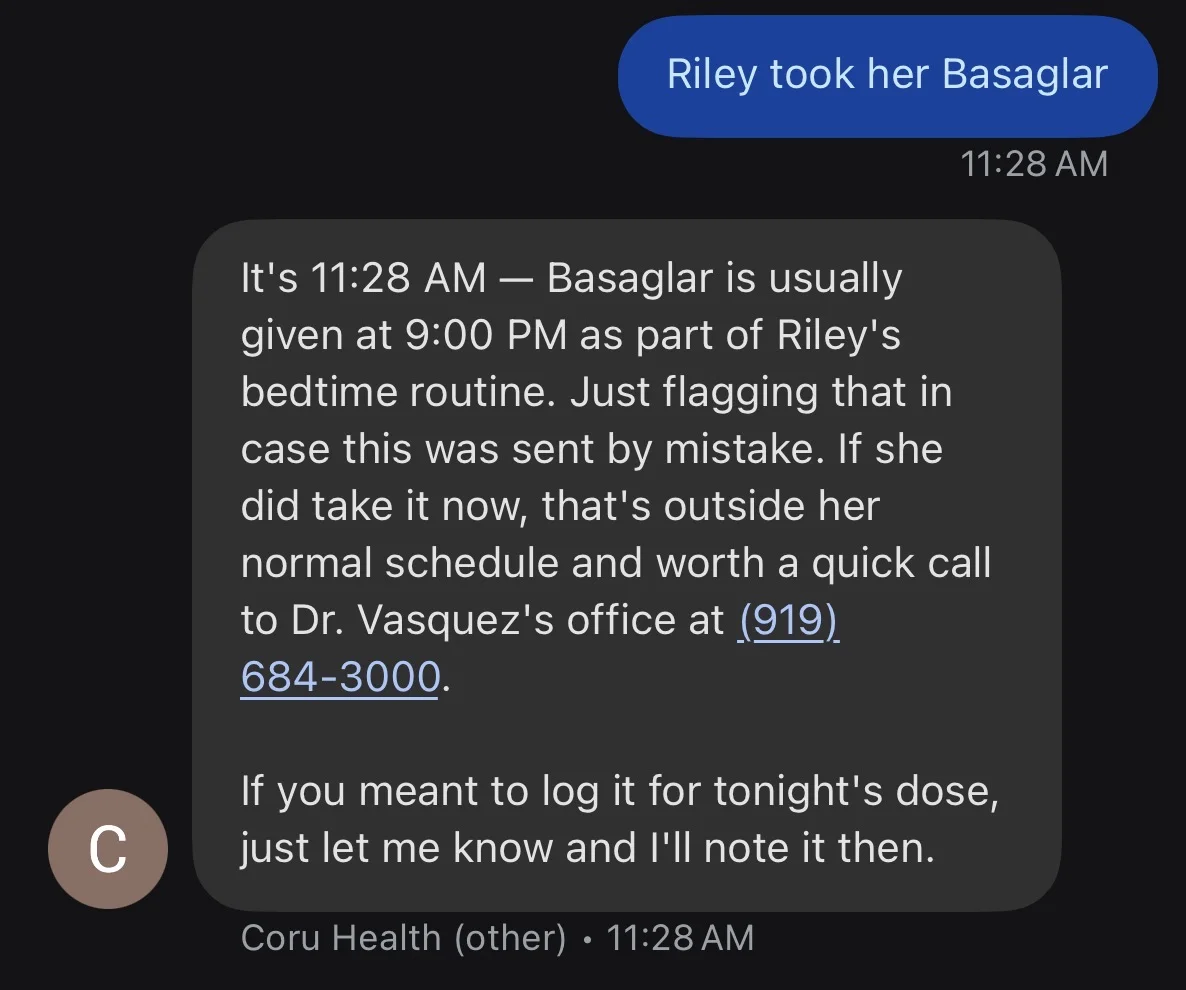 SMS thread logging a blood glucose reading and receiving contextual follow-up