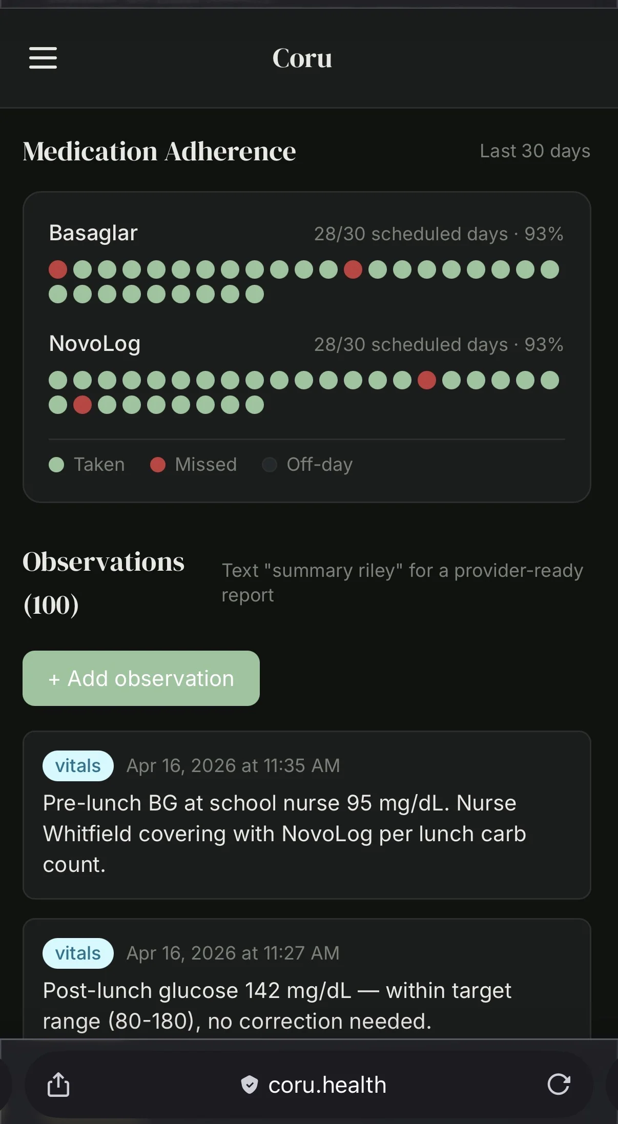 SMS flagging an off-schedule medication dose with provider contact information